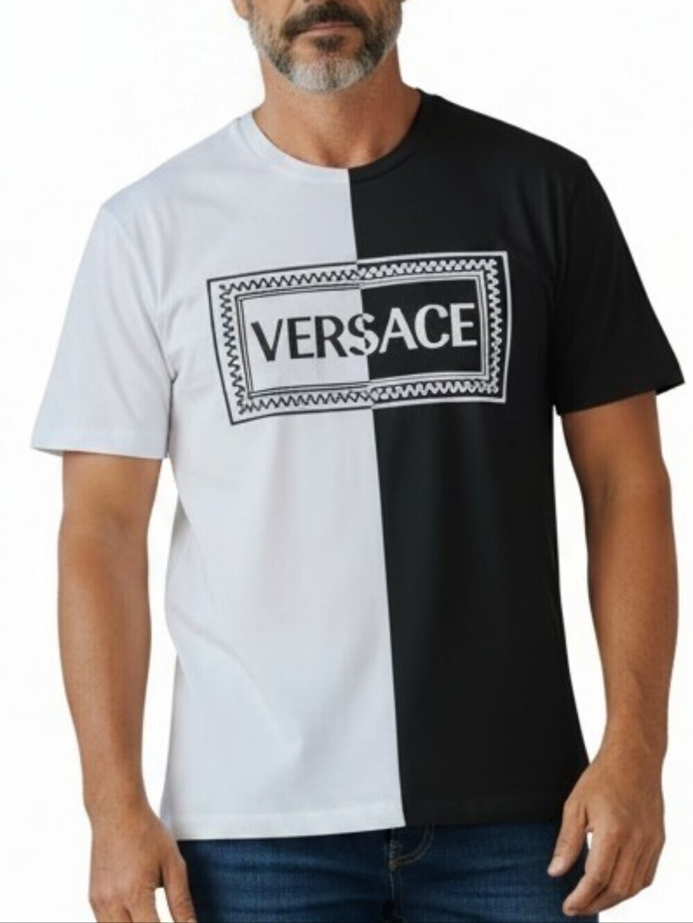 Versace Black and White Split Logo Short Sleeve Tee